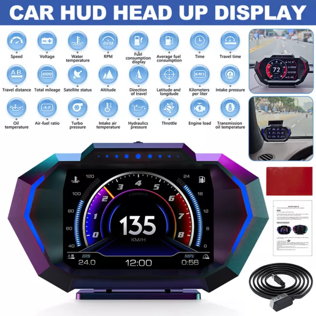OBD2 GPS HUD Gauge Car Digital Head Up Display Speedometer Turbo RPM Alarm Temp