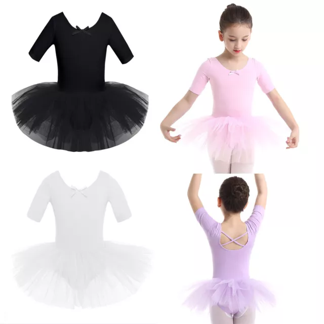 Child Girls Short Sleeve Cotton Tulle Ballet Dress Tutu Skirt Dance Wear Costume