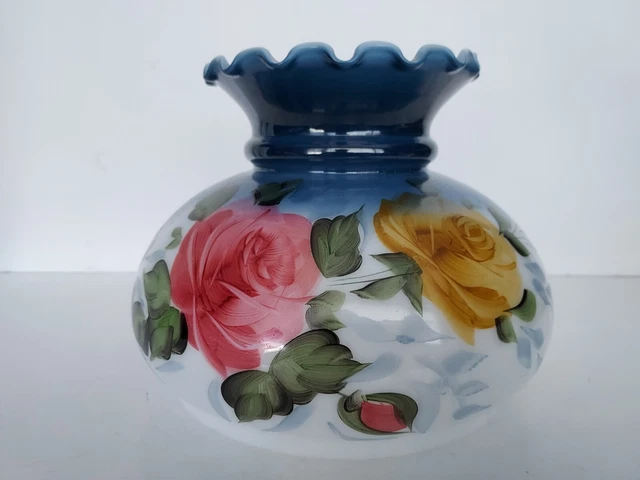 OIL LAMP STUDENT GWTW HURRICANE SHADE -Blue with rose and gold roses 7" fitter