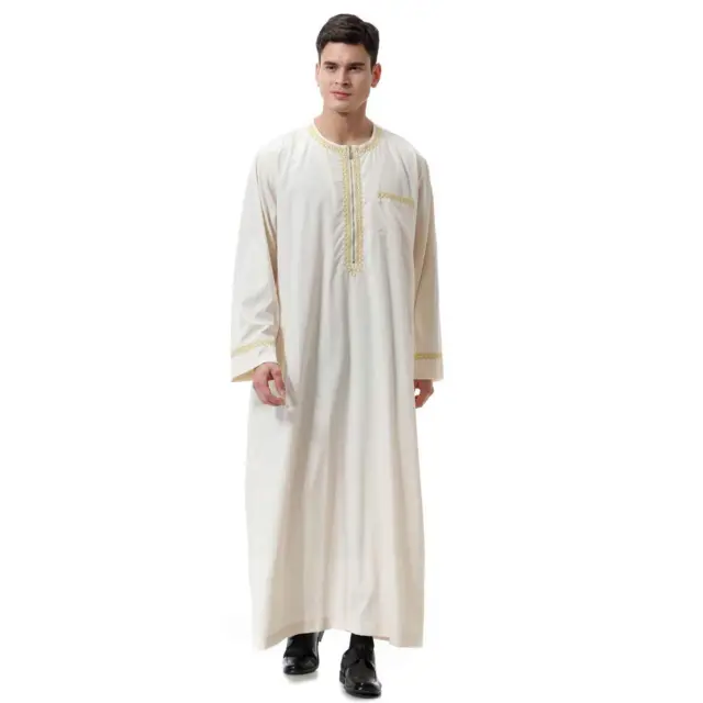 Men Arabic Long Sleeve Printing Thobe Crew Collar Kaftan Robe with Zipper