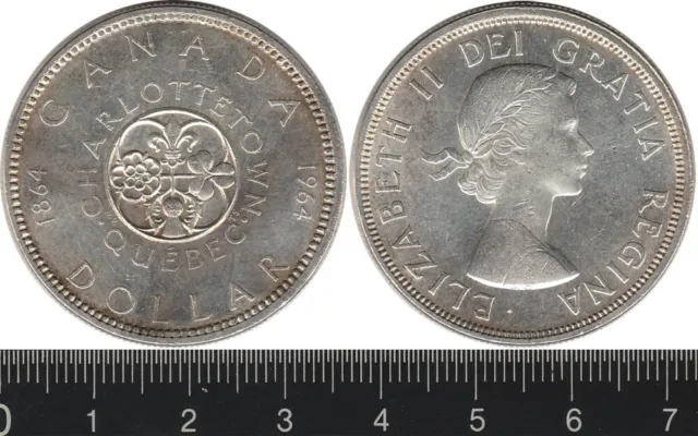 Canada: 1964 One Dollar QEII 100th Anniversary Charlottetown & Quebec silver $1