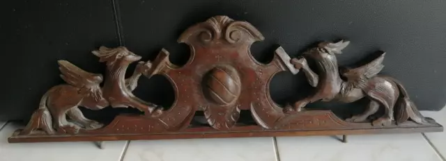 Antique French Wood Carved Oak  Dragon Griffin Pediment Architectural Salvage