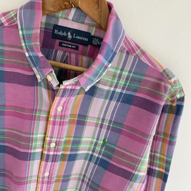 Polo da uomo Ralph Lauren rosa a quadretti vestibilità personalizzata manica lunga taglia L large