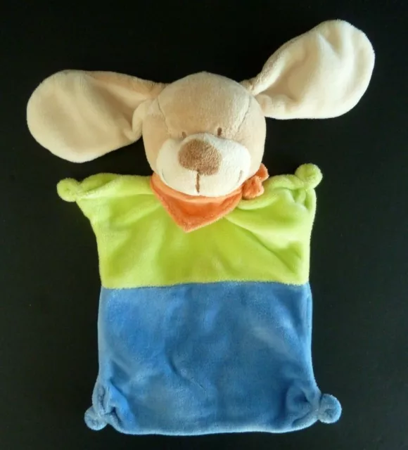 * Doudou Plat Nicotoy Kiabi Lapin Chien Bleu Vert Foulard Orange - Etat Neuf*