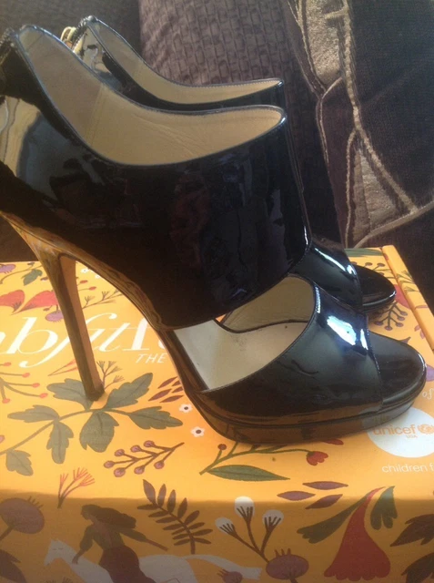 Auth JIMMY CHOO Black PRIVATE Patent Sandals Heels Shoes Sz 37-EUR $950.