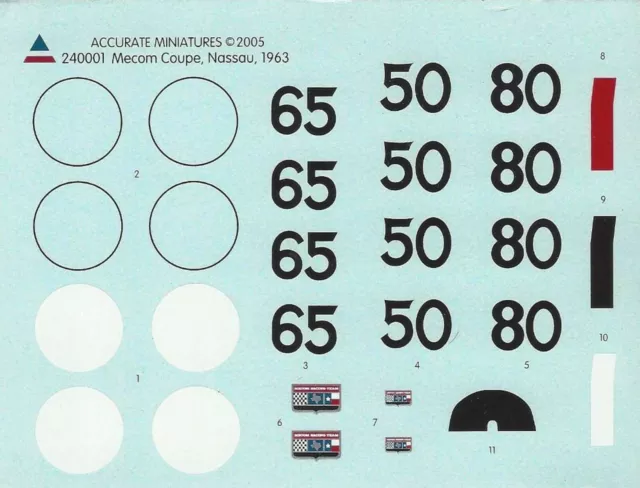 Accurate Miniatures 1/24th Scale Mecom Coupe Decals from Kit No. 240001