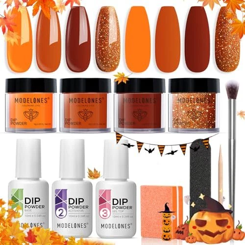Kit de inicio de uñas en polvo de inmersión Modelones 4 colores colores otoño naranja marrón brillante...