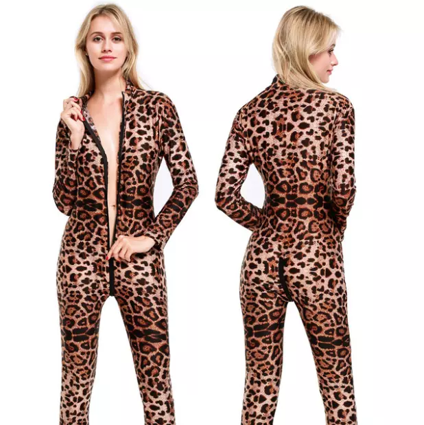 Damen Hoch Elastisch Leopard Bodystocking Overall Body Catsuit Langarm zipper 3