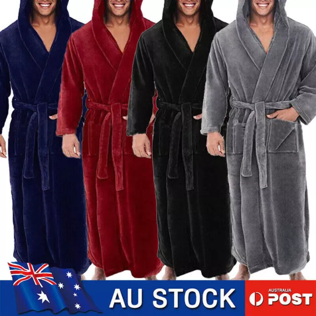 Men's Winter Warm Fleece Long Dressing Gown Bathrobe Hoodie Hooded Bath Robe AU