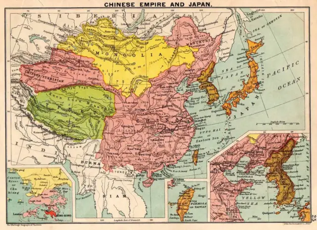 Chinese Empire and Japan 1898 Original Victorian Colour Map Bartholomew