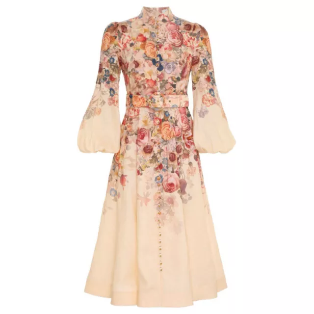 Women Floral Print Slim Dress Stand Collar Lantern Sleeve Single-breasted Skirt