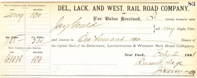 Transfer to Jay Gould for Delaware, Lackawanna and Western Rail Road Co. - Stock