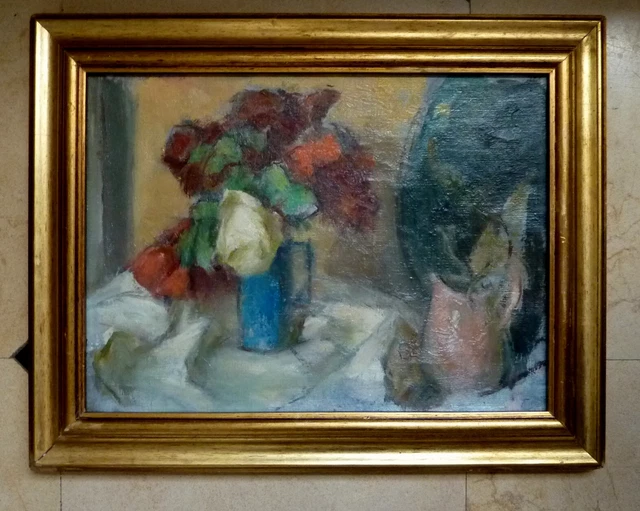 TABLEAU ANCIEN HUILE toile nature morte vase fleurs bouquet EUR 81,00 ...