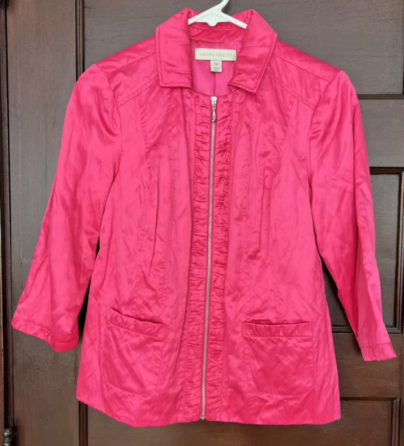 Laura Ashley Hot Pink Satin Barbiecore 3/4 Sleeve Zip Up Jacket PM 90's