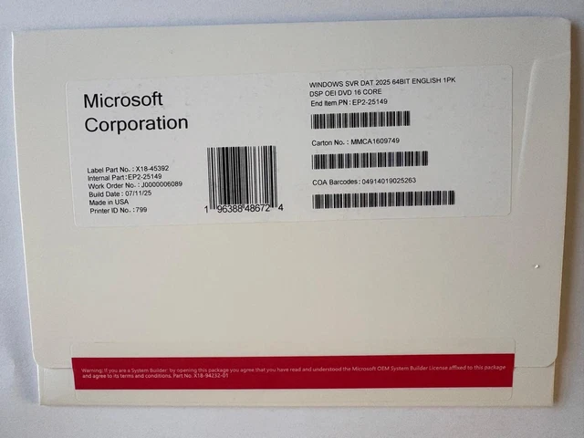 MICROSOFT WINDOWS SERVER 2025 Datacenter 16 Core DVD + Sealed Key £60. ...