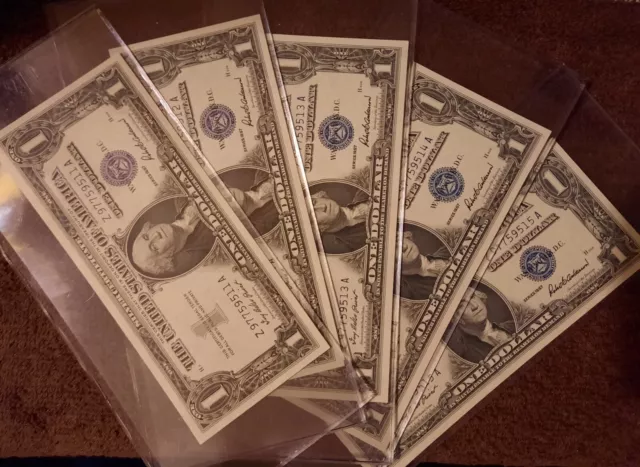 Five 1957 $1 Dollar Silver Certificate Blue Seal Sequential UNCIRCULATED MS63?