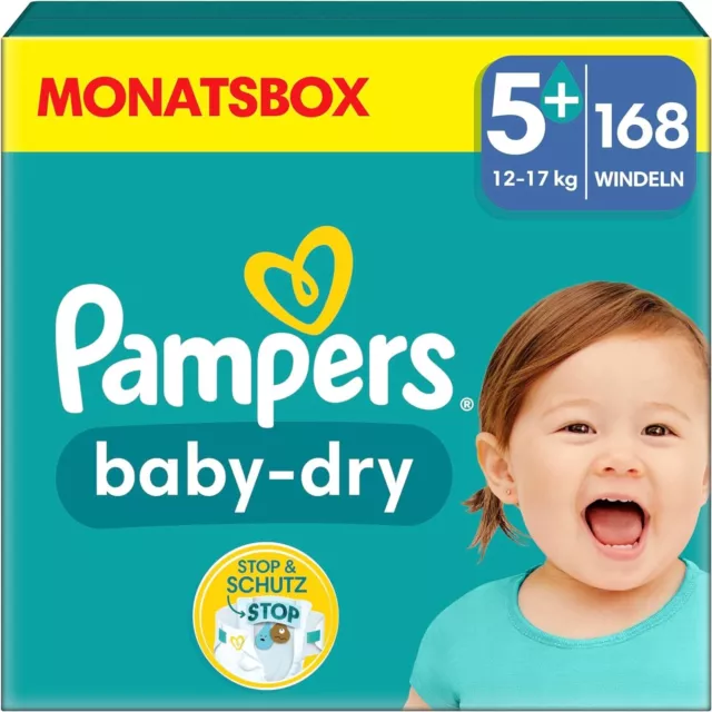 Pampers Windeln Größe 5+ (12-17kg) Baby-Dry, Junior Plus, MONATSBOX, 168 Windeln