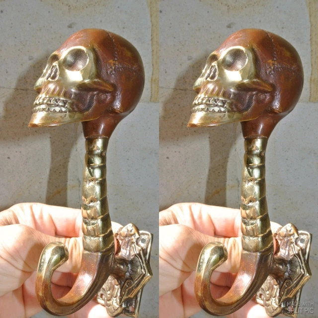 2 SKULL head 7" long WALL HOOK heavy BRASS old style SCREW wall spine hang B