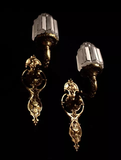 Art deco pair of bronze wall fixtures unique pieces by European Lighting