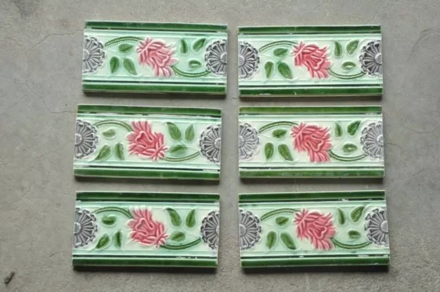 6Pc Vintage Majolica Decorative Flower Vine Art Nouveau Architecture Tiles,Japan 2