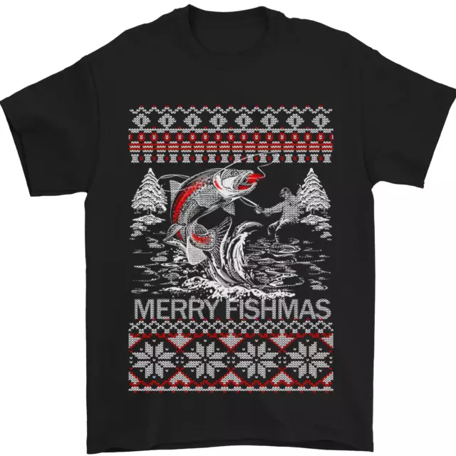 T-shirt da uomo Fishing Merry Fishmas Funny Fisherman Natale 100% cotone