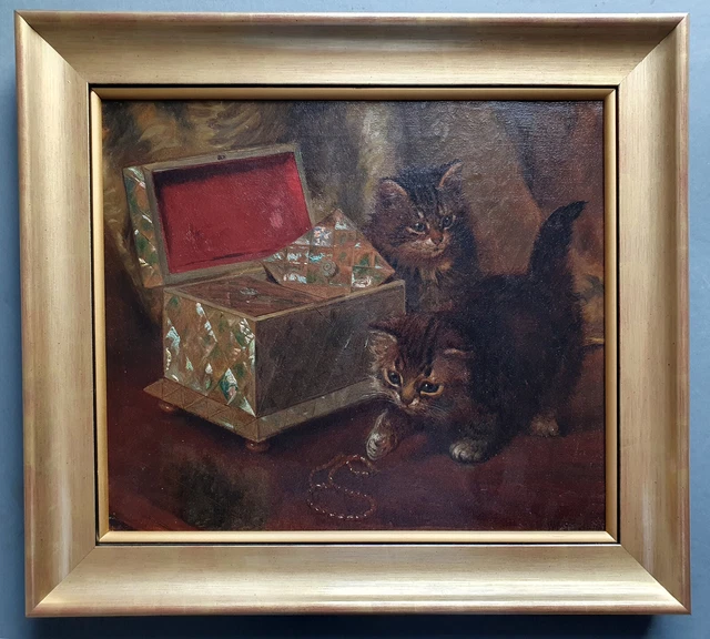 Wilson Hepple (1853-1937) Dipinto Ad Olio Originale Gattini Maliziosi