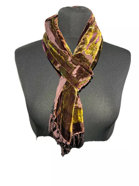 SILK MIX Velvet Devore Scarf Stole New With Fringe BROWN / GOLD / PINK