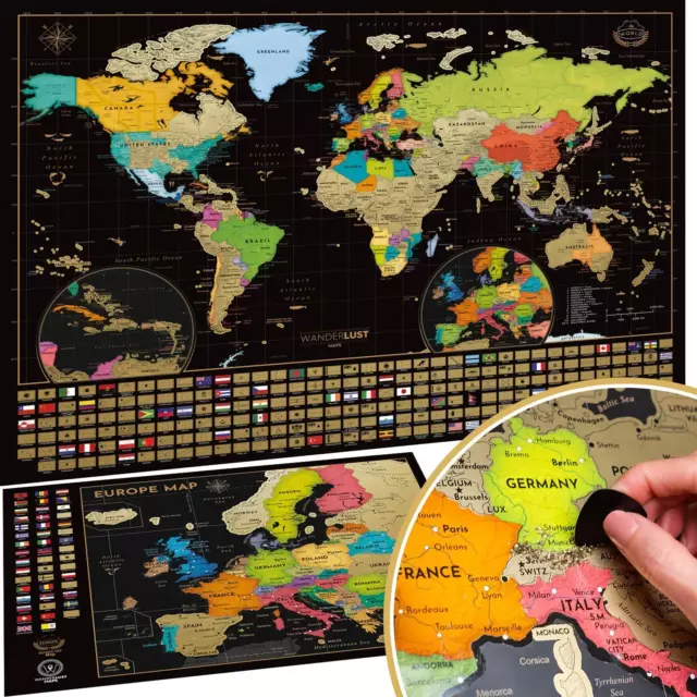 Weltkarte Zum Rubbeln + BONUS Deluxe Europa Karte. Das Komplette-Set Mit Allen A