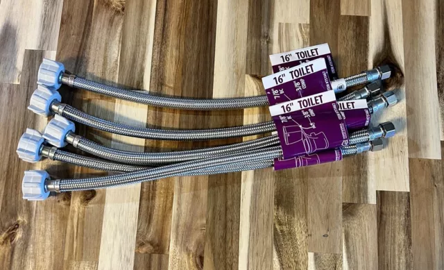 5 Pack: 16" Braided toilet supply Lines. 3/8” COMP x 7/8” BC x 16”