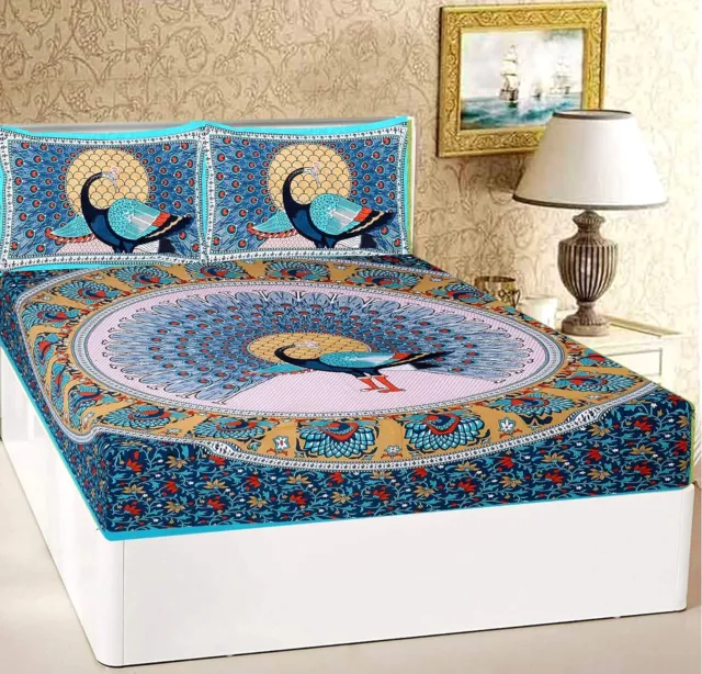 Bed Sheet Peacock Printed with 2 Pillow Covers Cotton Double Bed king size