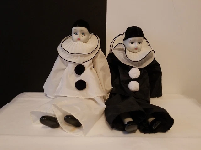 Set of 2 Vtg 80s Italian Mime Harlequin Pierrot Dolls Soft & Hand Painted Bisque