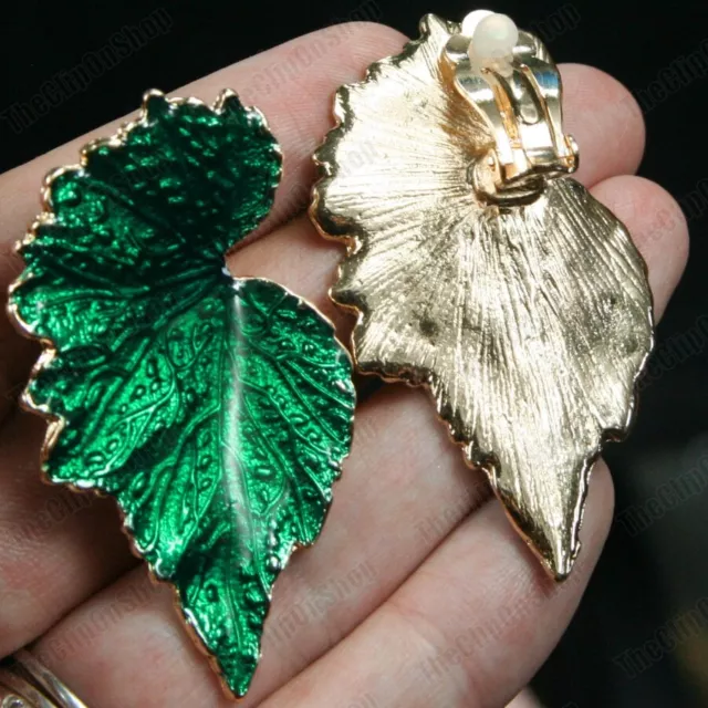 CLIP ON retro GREEN ENAMEL EARRINGS big vintage style clips ELEGANT METAL LEAVES