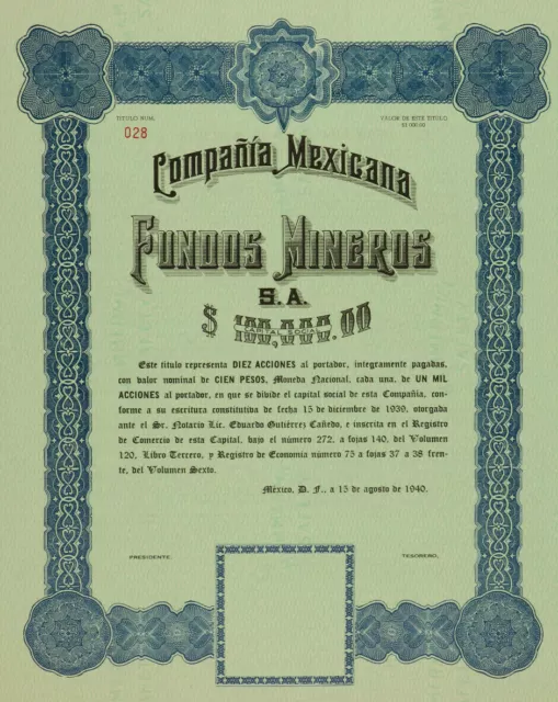 MEXICO M/180 CÍA MEXICANA FONDOS MINEROS SA,Diez acciones de $1,000 pesos  1940