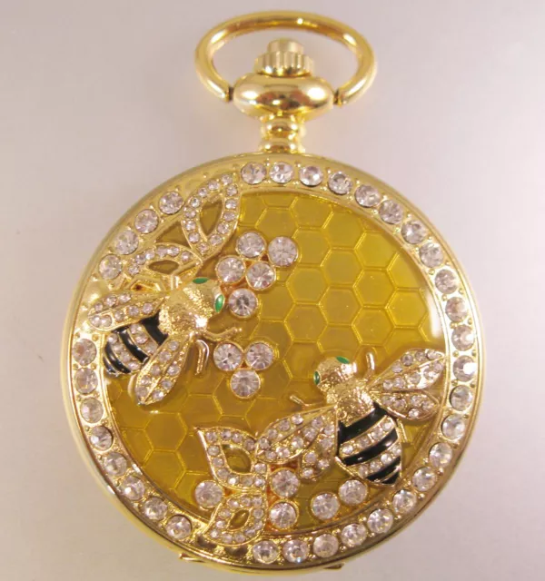 BUMBLE BEE Rhinestone & Enamel Gold Tone Pocket Watch w/Your Choice of Chain