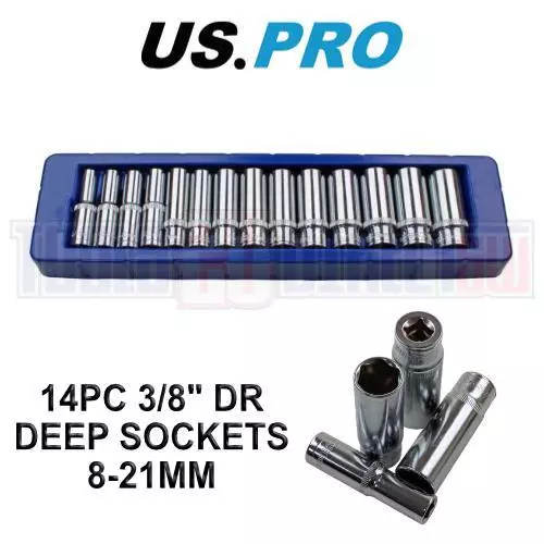 US PRO 14 Piece 3/8" Dr 6 Point Deep Metric Socket Set 8mm - 21mm 1389