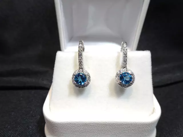 1.98 ct Natural London Blue Topaz & CZ Sterling Silver Halo Leverback Earrings