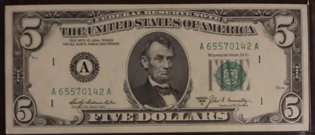 1969 A 5 Dollar Bill Five Federal Reserve Note FRN Rare US Currency
