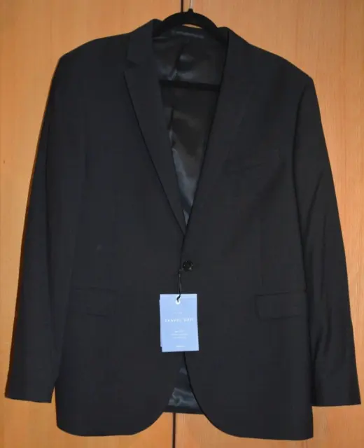John Lewis Mens Black Pure Wool Tailored Fit Travel Suit Jacket 44 S