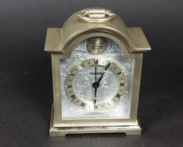 Vintage SWIZA 8 small mechanical alarm clock with silvered brass case