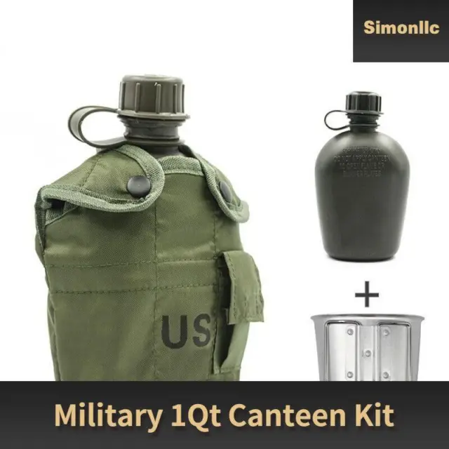 Us Military 3pcs 1qt Canteen Kit W/ Usgi Od Cover & Army Type Aluminum Cup Green