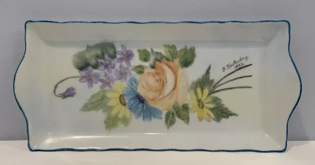 Vintage 1972 Hand Painted Floral Rectangular Serving Platter Artist Signed