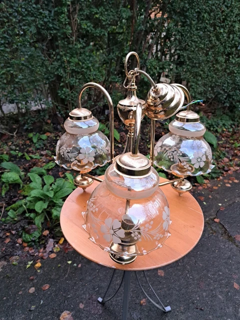 3 Arm Messing Kronleuchter Deckenleuchte Anhänger Glasschirme Retro Vintage Zuhause 2