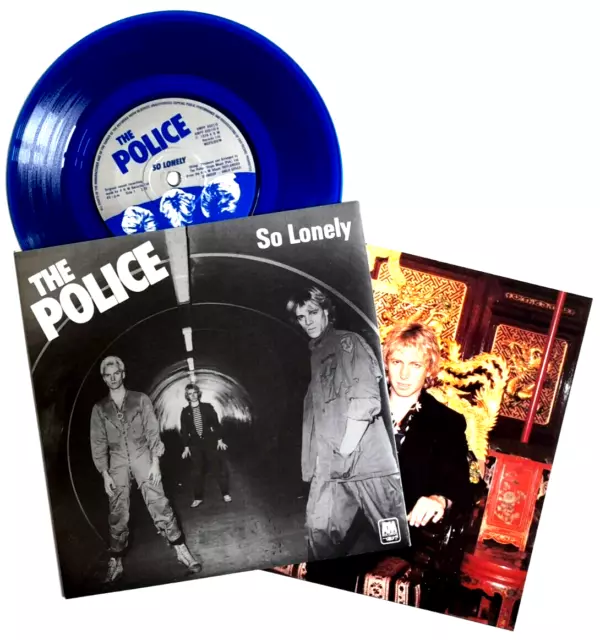 NM/NM The Police So Lonely + Lyric Card 7" Blue VINYL 45 Near Mint