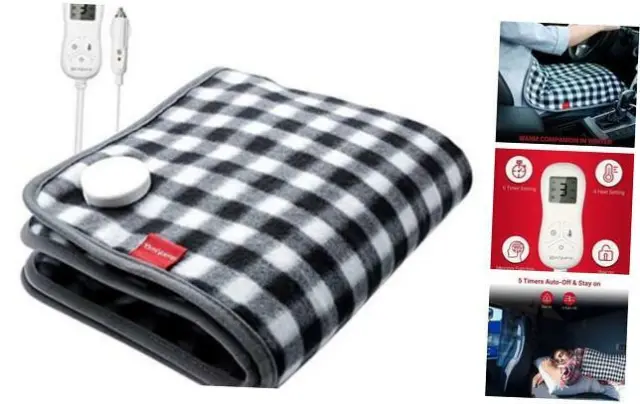 Mini Car Electric Blanket, 20 x 24inch  12V Electric Travel Throw with 4 Heat