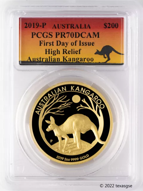 2019-P $200 Australia Kangaroo High Relief 2oz Gold Coin - PCGS PR70DCAM