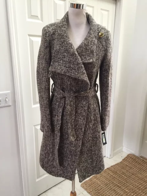 NWT Kenneth Cole New York  Belted Wool Blend Brown Tweed Coat Size 4