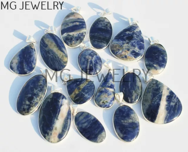 100 Pezzi Lotto Naturale Sodalite Gemma 925 Placcato Argento Lunetta Ciondoli