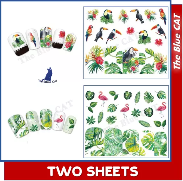 2 Sheets of Nail Art Stickers Water Decals Tropical Palm  Flamingos Birds