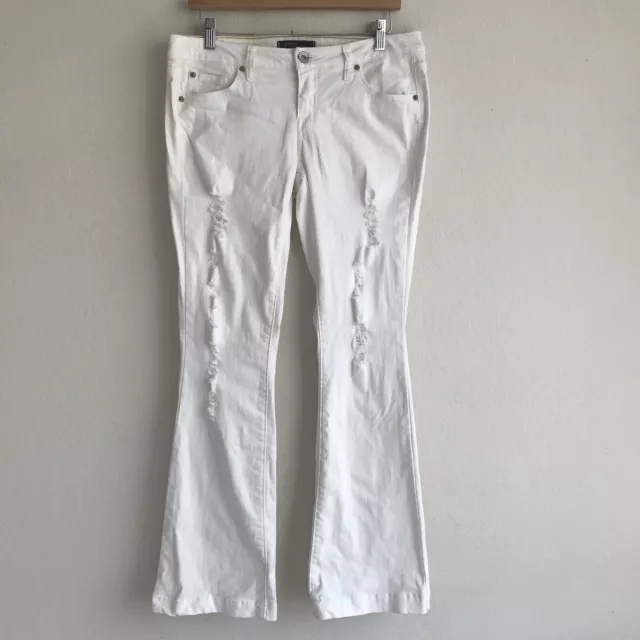 Volcom Womens Low Rise Boot Cut Jeans Size 11 White Distressed Stretch Denim