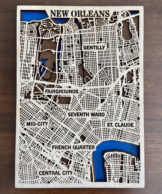 NEW ORLEANS 'NAWLINS Wooden Map Laser Cut Streets City 3D Framed Wall